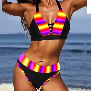 Женский купальник-бикини с лямкой на бретельках и сложной ретро-графикой, купальник-танкини S чёрный