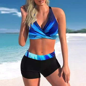 Женский купальник-бикини с лямкой на шее и танкини, купальник с принтом на холсте и маслом S светло-синий