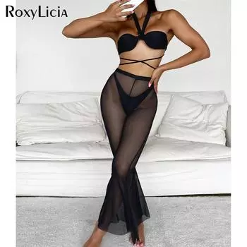 Женский купальник-бикини с лямкой на шее, женский купальник, комплект из трех частей, комплект бикини с пляжными штанами, купальный костюм для плавания S чёрный