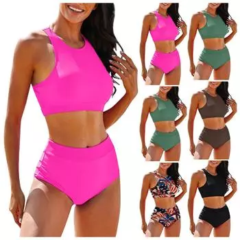 Женский купальник бикини с разрезом и высокой талией, сексуальный многоцветный принт XL чёрный