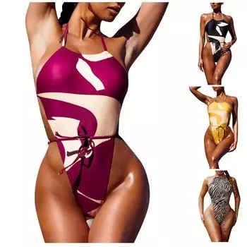 Женский купальник-бикини с разрезом и принтом, сексуальный цельный купальник-бикини, пляжный M фиолетовый