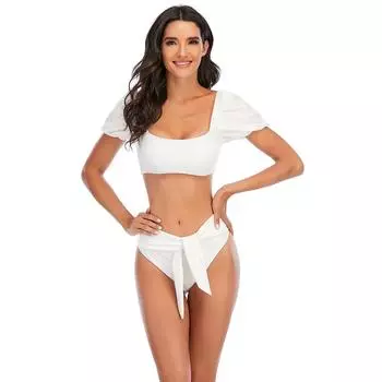 Женский купальник бикини с рукавами-пузырями и одним вырезом, однотонный, сексуальный, с открытой спиной, с высокой резинкой и высокой талией, завязывающийся купальник бикини S морская волна