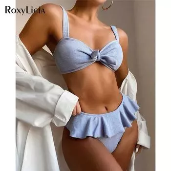 Женский купальник бикини с рюшами и завязками, женский купальник из двух частей, комплект бикини со средней талией, купальный костюм S синий