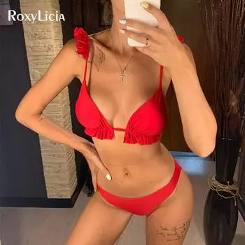 Женский купальник бикини с рюшами и оборками, женский купальник из двух частей, комплект бикини со средней талией, купальный костюм S чёрный