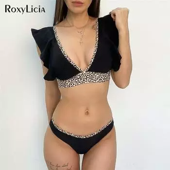 Женский купальник бикини с рюшами, женский купальник из двух частей, комплект бикини с цветочным принтом, леопардовый купальный костюм, купальный костюм для плавания S чёрный