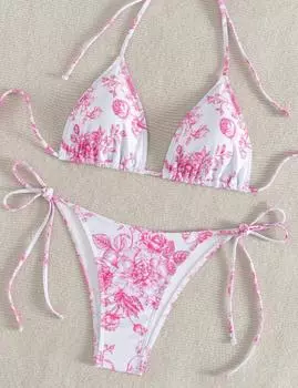 Женский купальник-бикини с треугольными чашечками, комплект из 2 предметов, цветочный принт S розовый