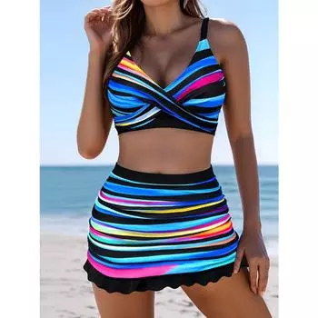 Женский купальник-бикини с юбкой-клеш в полоску, раздельный комплект из трех предметов, можно носить как верхнюю одежду, чтобы выглядеть стройно и модно. Раздельный купальник S синий