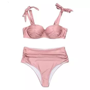 Женский купальник-бикини со шнуровкой и бантом на высокой талии, новинка 2024 года, розовый купальный костюм с пуш-ап-бюстгальтером S розовый
