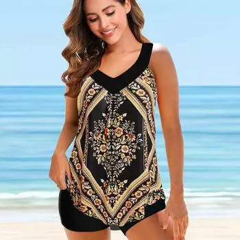 Женский купальник бикини танкини с бретелькой среднего размера и принтом букета S белый