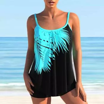 Женский купальник-бикини-танкини с бретелькой на бретельках и принтом листьев и теней S чёрный