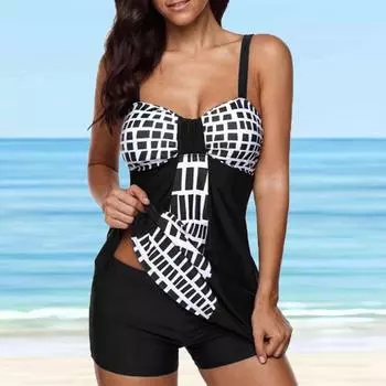 Женский купальник-бикини-танкини с бретелькой на шее, белый лабиринт с принтом S чёрный