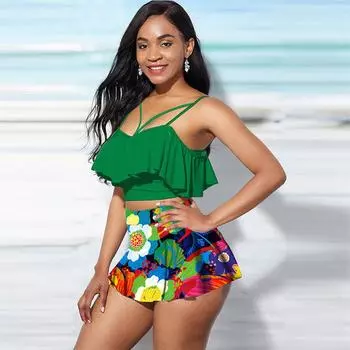 Женский купальник-бикини-танкини с бретелькой на шее и цветочным принтом S зелёный