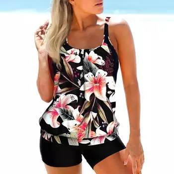 Женский купальник-бикини-танкини с бретелькой на шее, красный раструб с цветочным принтом S синий