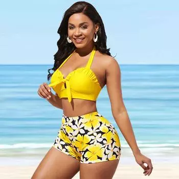 Женский купальник-бикини-танкини с бретелькой на шее и желтыми листьями лотоса и бантом S синий