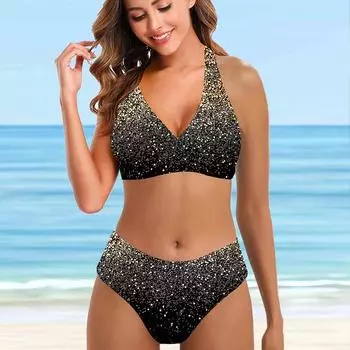 Женский купальник-бикини-танкини с бретелькой на шее и звездными украшениями S синий