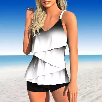 Женский купальник-бикини-танкини с изящно ниспадающими черными лепестками и принтом S белый