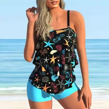 Женский купальник бикини танкини синего цвета с принтом звезд и лямкой на шее S чёрный