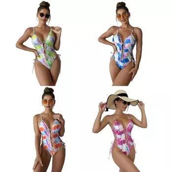 Женский купальник-боди с открытой спиной и боковыми вырезами, со шнуровкой, сексуальный, с цветным принтом, цельный купальник-бикини с глубоким вырезом и V-образным вырезом L