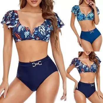 Женский купальник больших размеров Бикини с рюшами и принтом с разрезом Купальник XXL тёмно-синий