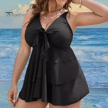 Женский купальник больших размеров, глубокий V-образный вырез, раздельный купальный костюм с шортами, летний купальник танкини с утягивающим эффектом, струящееся платье для вечеринки в отпуске XL чёрный