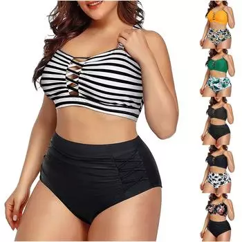 Женский купальник больших размеров, летняя мода, купальник с принтом, сексуальное бикини с вырезами, танкини, бикини, купальник из двух частей, пляжная одежда XXXL