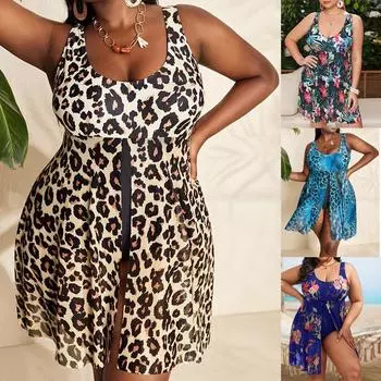 Женский купальник больших размеров, новая мода, сексуальный цельный купальник с леопардовым принтом, бикини больших размеров, пляжное платье 0XL коричневый