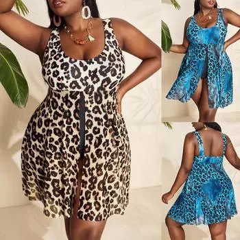 Женский купальник больших размеров, новая мода, сексуальный цельный купальник с леопардовым принтом, бикини больших размеров, пляжное платье 0XL синий
