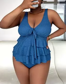 Женский купальник больших размеров с глубоким V-образным вырезом, сексуальный топ на бретелях с рюшами, комплект бикини, пляжная одежда, купальные костюмы 0XL синий