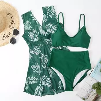 Женский купальник больших размеров с разрезом, однотонный купальник из трех частей 0XL