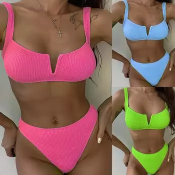 Женский купальник больших размеров с высокой талией, бикини, сплошной цвет, плиссированный разделенный купальник из двух частей L синий