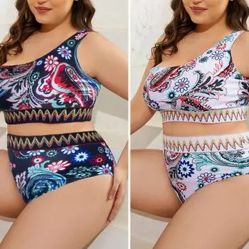 Женский купальник больших размеров с квадратным вырезом и широкими бретелями, отдельный комплект бикини из двух предметов, купальник с принтом на одно плечо 1XL чёрный