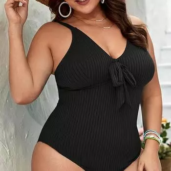 Женский купальник больших размеров с бантом, цельный винтажный ретро-купальный костюм 1XL чёрный