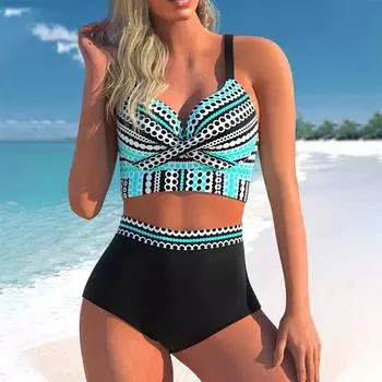 Женский купальник больших размеров, сексуальный купальник с высокой талией, женский комплект из двух предметов, пляжная одежда с принтом, комплект бикини, купальный костюм M синий