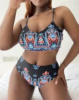 Женский купальник больших размеров, сексуальный синий принт, майка с высокой талией, бикини, пляжная одежда, купальные костюмы L синий