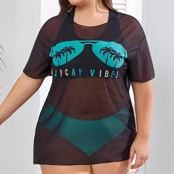 Женский купальник больших размеров, уличный пляжный комплект бикини, сетчатый бикини с принтом, комплект из трех предметов для женщин XL