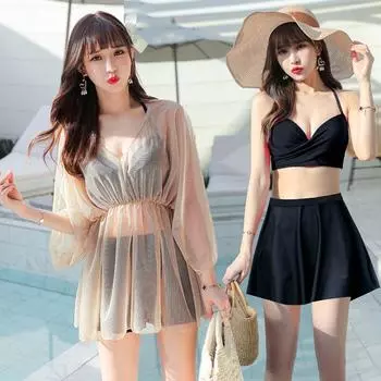 Женский купальник большого размера, разделенный на три части, консервативный модный спа-костюм 2XL чёрный/слоновая кость