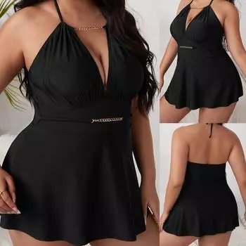 Женский купальник большого размера с эффектом пуш-ап, пляжные юбки, бикини с цепочкой на шее, купальный костюм, монокини, сексуальный цельный купальник с глубоким V-образным вырезом L чёрный