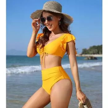 Женский купальник, бразильское бикини, пуш-ап, купальник с рюшами, однотонное бикини на шнуровке, пляжная одежда больших размеров S синий