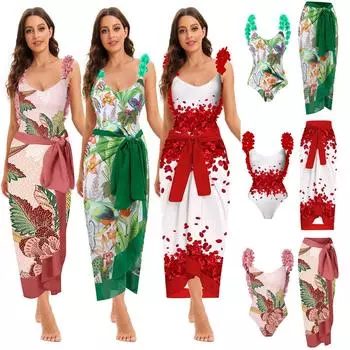 Женский купальник цельный купальник бикини на шнуровке купальник длинная юбка шифоновый комплект из двух частей S красный