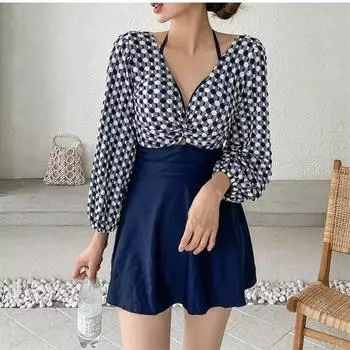 Женский купальник, цельный купальник с v-образным вырезом и длинными рукавами, корейский сексуальный комплект бикини с высокой талией, купальники, пляжные купальные костюмы M бежевый