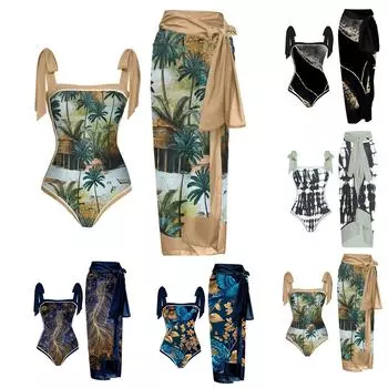 Женский купальник цельный купальник бикини на шнуровке купальник длинная юбка шифоновый комплект из двух частей L чёрный