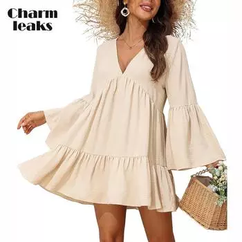 Женский купальник Charmleaks, пляжное платье с рукавами-колокольчиками и v-образным вырезом, накидка на купальный костюм, свободный крой для купальников S-XL M