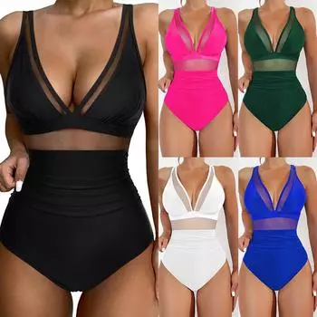 Женский купальник, черная сетка, сексуальное бикини с открытой спиной, цельный купальник для женщин, пляжная одежда, купальные костюмы S темно-зеленого