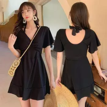 Женский купальник для девочек, цельный комплект в корейском стиле, юбка с ремешком на талии, купальный костюм, пляжная одежда XL чёрный