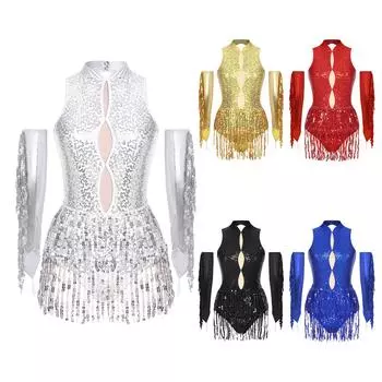 Женский купальник для танцев с вырезом на спине без рукавов, блестящий, с пайетками, с кисточками, латинский костюм для выступлений с металлическими перчатками S чёрный