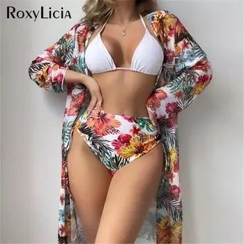 Женский купальник из 3 предметов с цветочным принтом, бикини с высокой талией, женский купальник из трех частей, комплект бикини, купальный костюм для плавания S белый