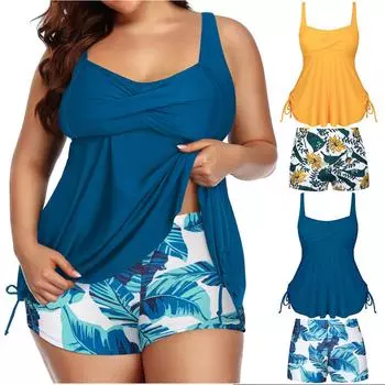 Женский купальник из двух частей. Купальник на бретельках. Купальник из двух частей с открытой спиной. Майка с плавками. Тонкий комплект купальника большого размера с принтом. XXL синий