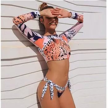 Женский купальник из двух частей с леопардовым принтом, бикини с длинным рукавом, защита от солнца, мягкий купальник, пляжная одежда, купальные костюмы для плавания l