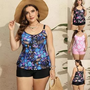 Женский купальник из двух предметов, комплект танкини, 2024, сексуальный купальник, большой размер, бикини, комплект монокини, летний купальник, пляжная одежда, цветочный принт 1XL синий