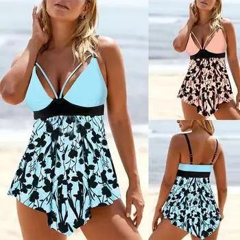 Женский купальник из двух предметов с цветочным принтом, комплект танкини, 2024, сексуальный купальник, большой размер, комплект бикини, монокини, летний купальник, пляжная одежда 1XL розовый
